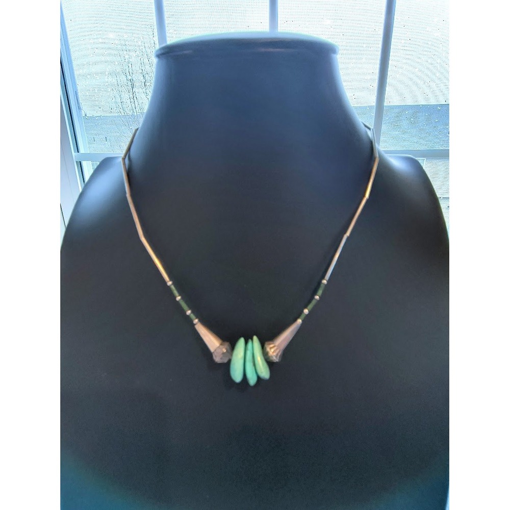Vintage Southwestern Liquid Silver Turquoise Nugget Necklace Green Seed Bead 16"
